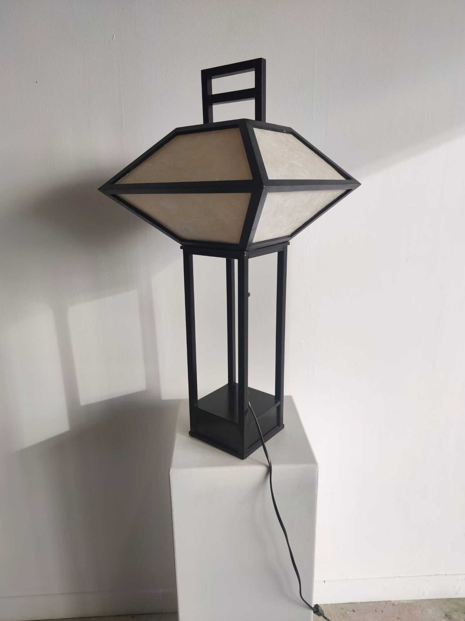 Japanese lamp in black lacquered wood and rice paper H:75cm