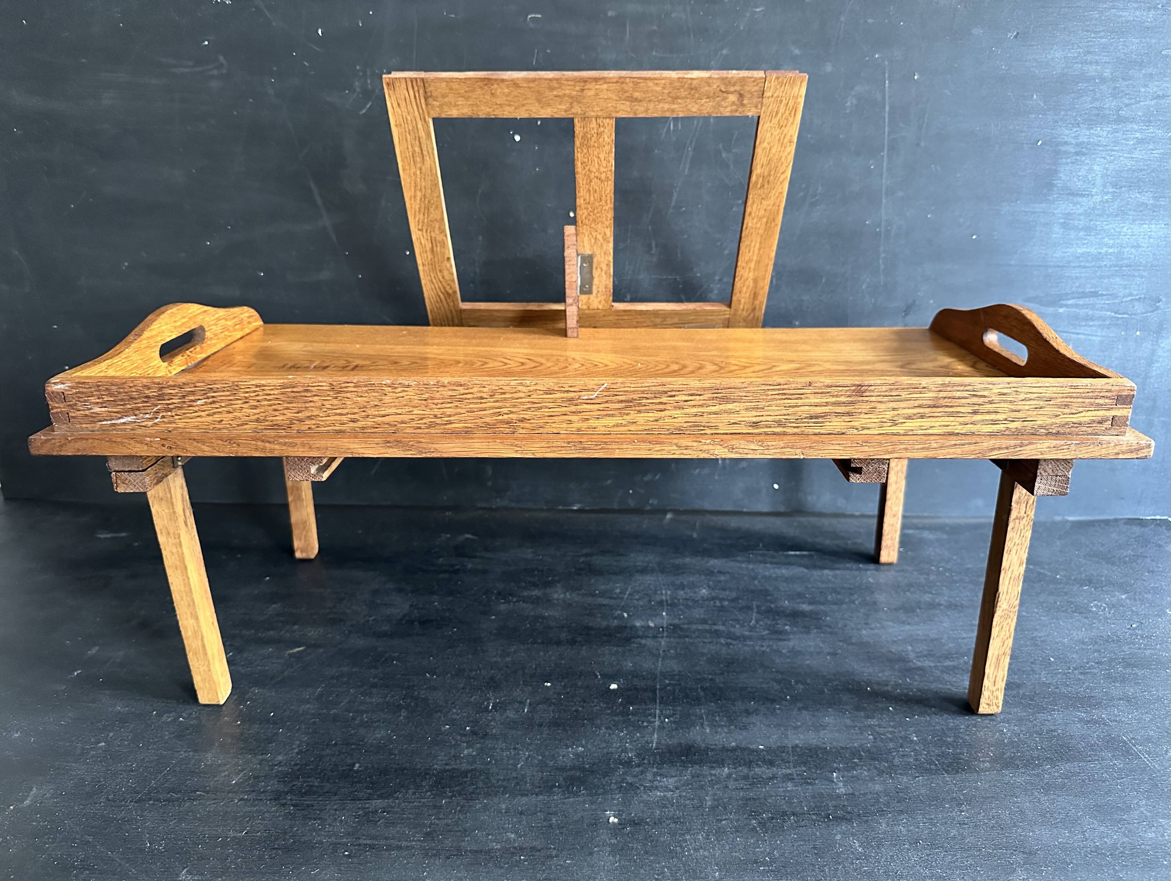 Manufrance wooden bedside table, folding tray with book holder.