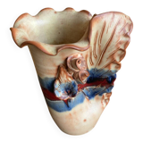 Vintage Beige Glazed Terracotta Vase with Relief Flower Decoration