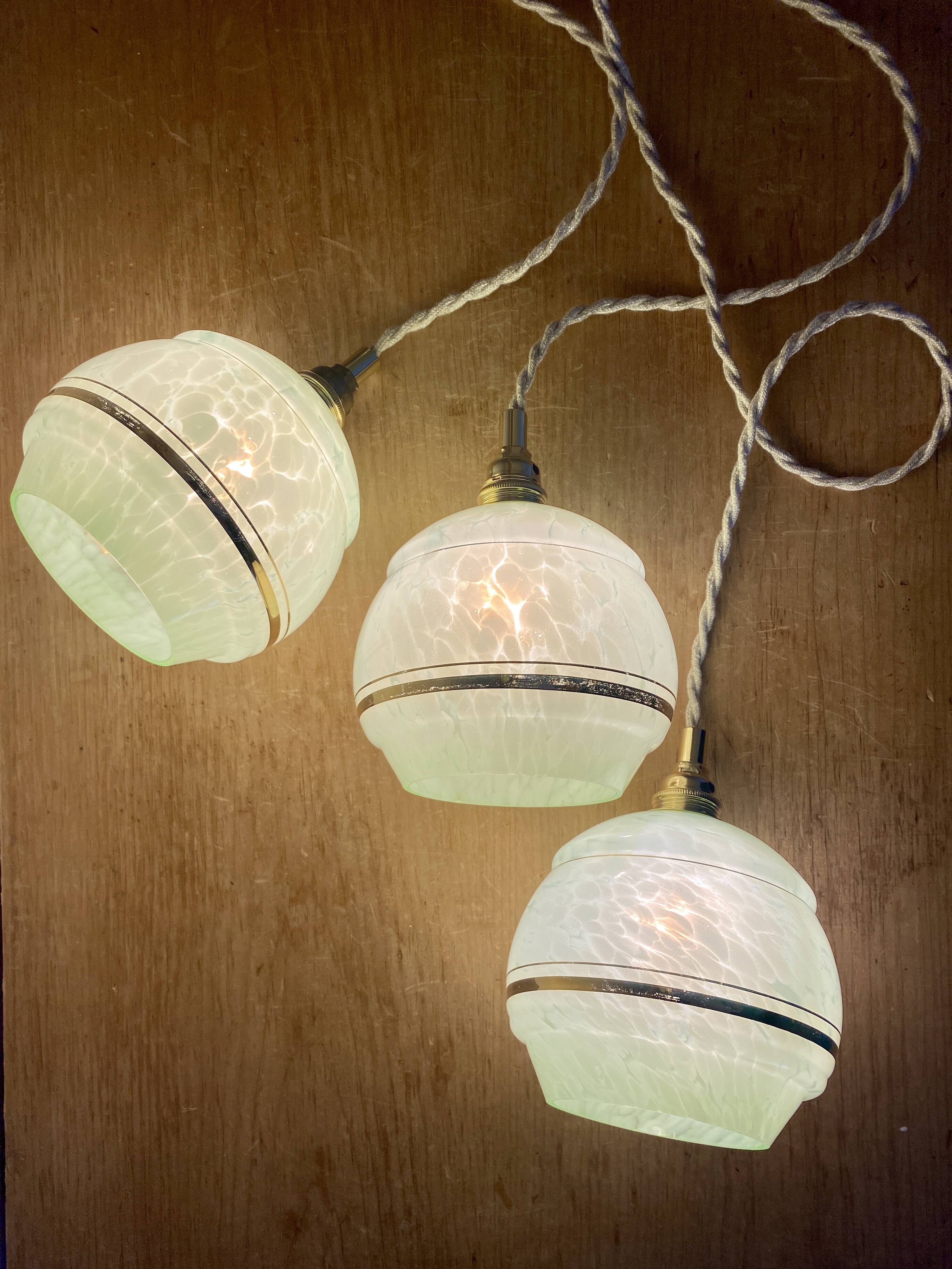 Vintage art deco triple globe pendant light in mint and gold glass