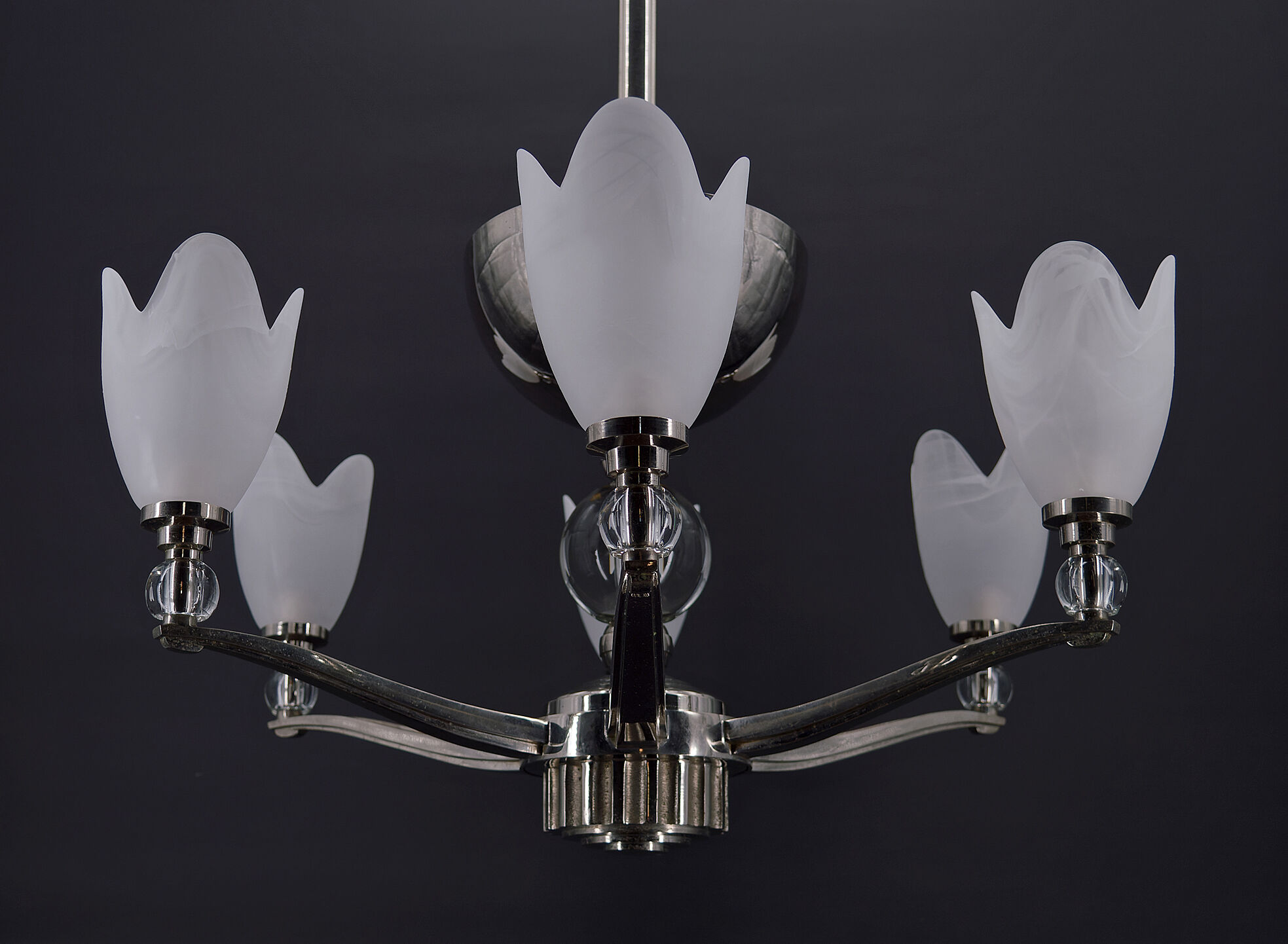 6-spoke Art Deco Modernist chrome chandelier, France, circa 1930