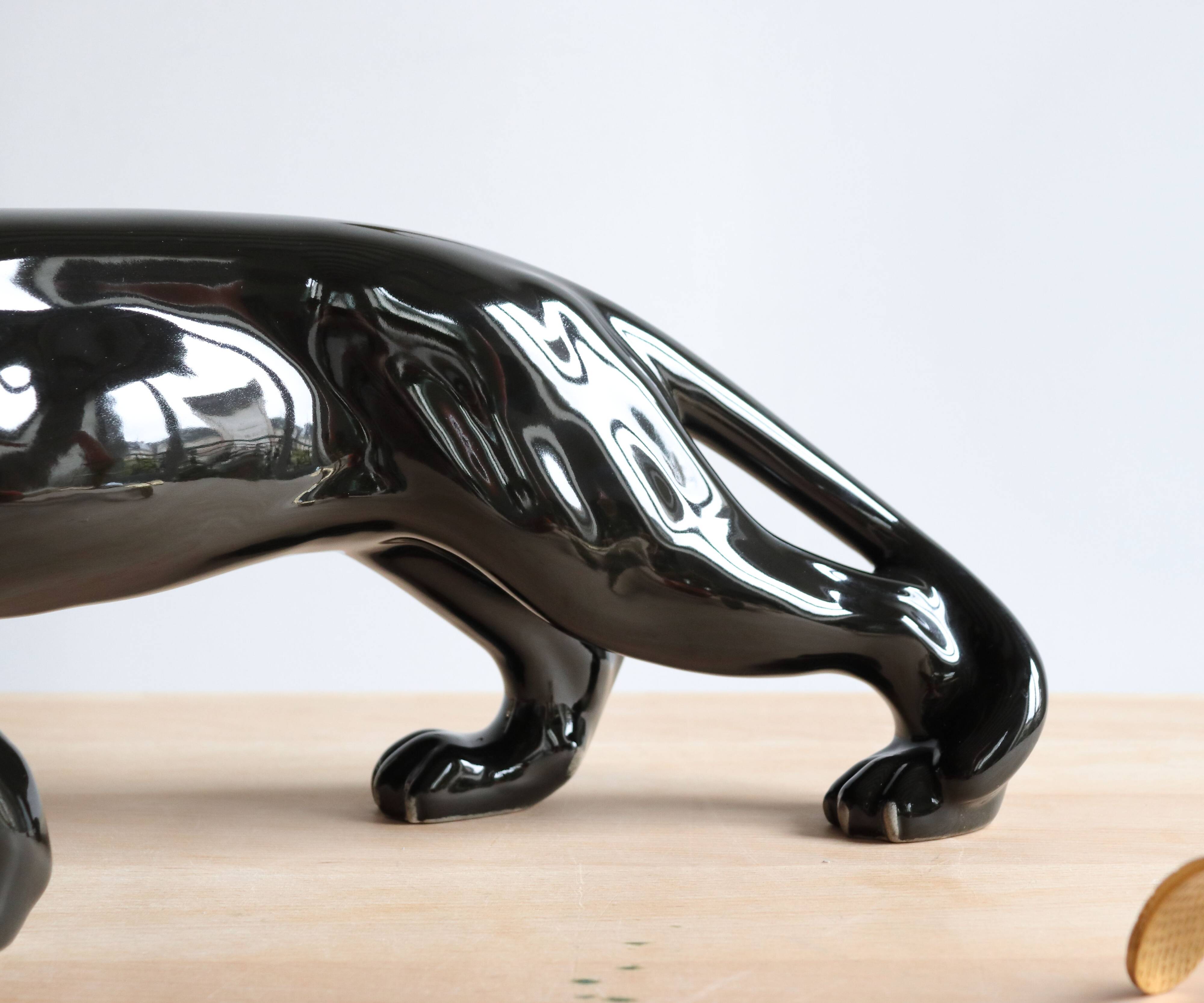 Art Deco ceramic black panther, 60cm sculpture