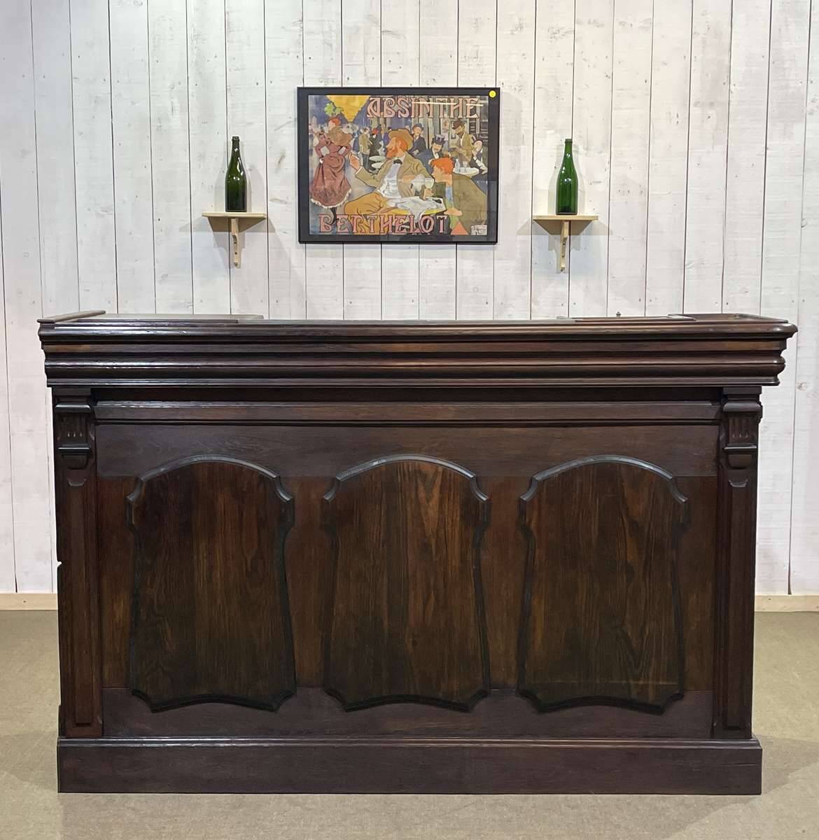 Comptoir de bar en chêne début XXème avec habillage d'époque zinc et étain