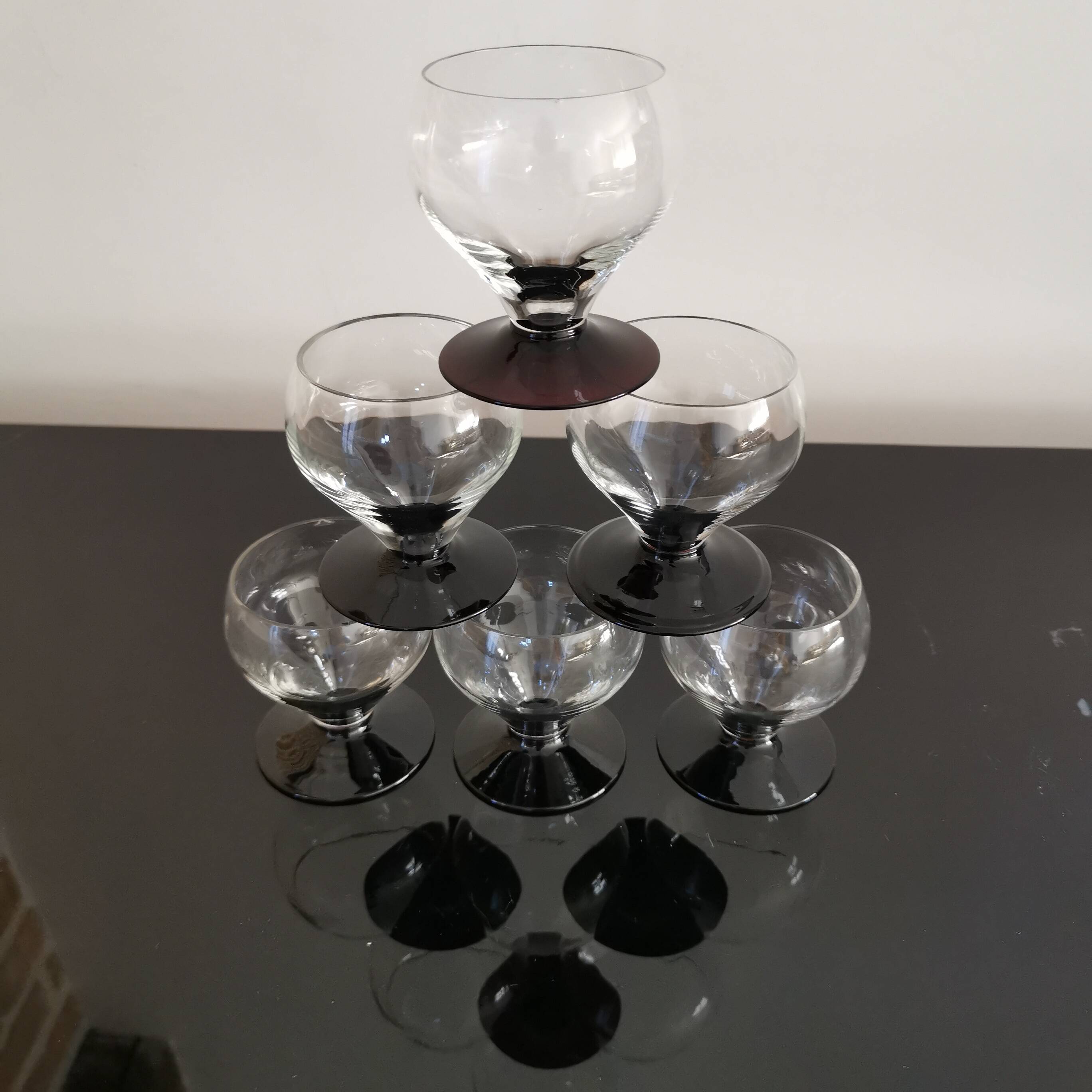 6 small retro smoked burgundy stemmed glasses