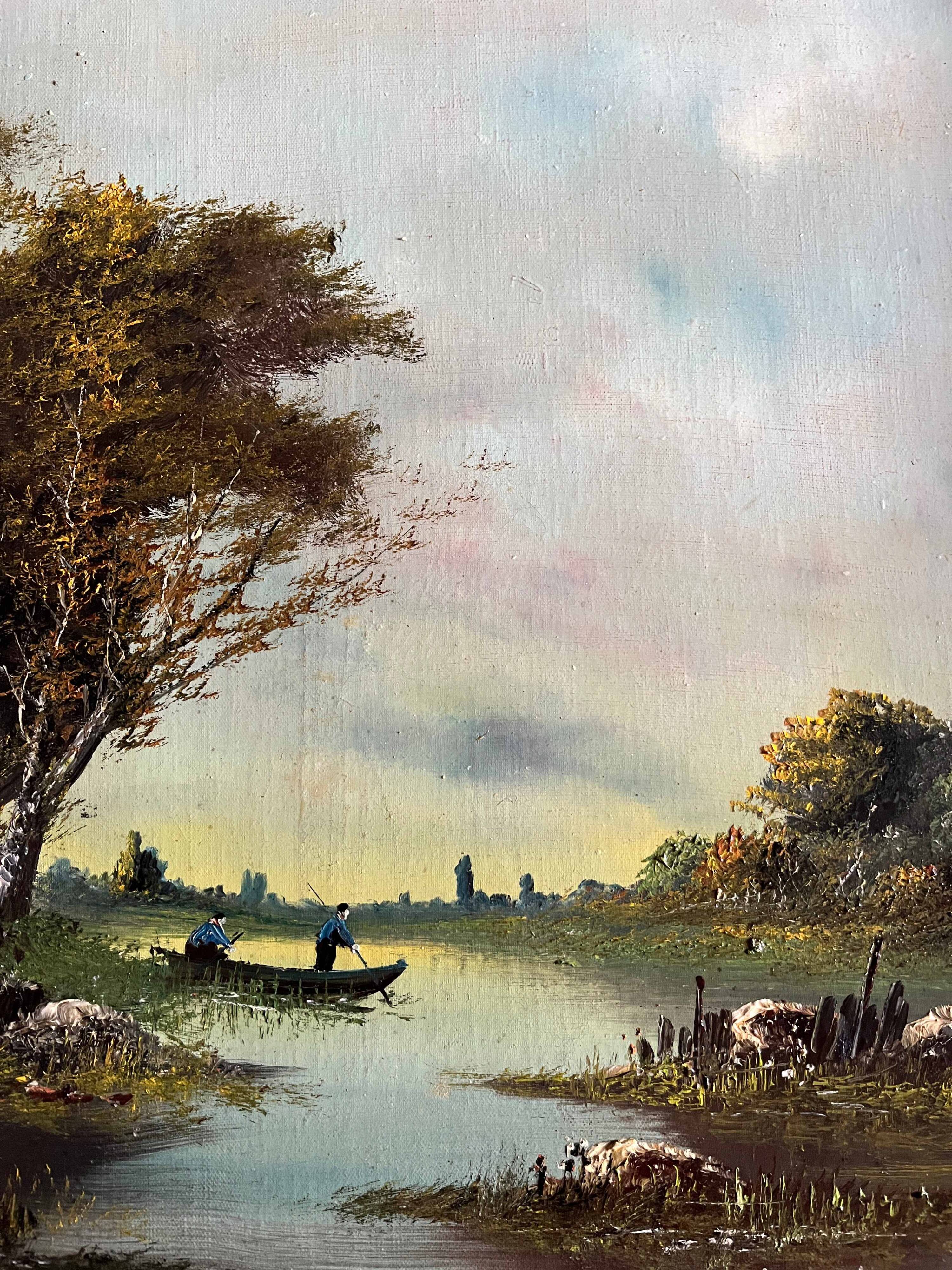 HST painting "Landscape with fishermen" 1898 signed Lion + frame