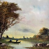 HST painting "Landscape with fishermen" 1898 signed Lion + frame