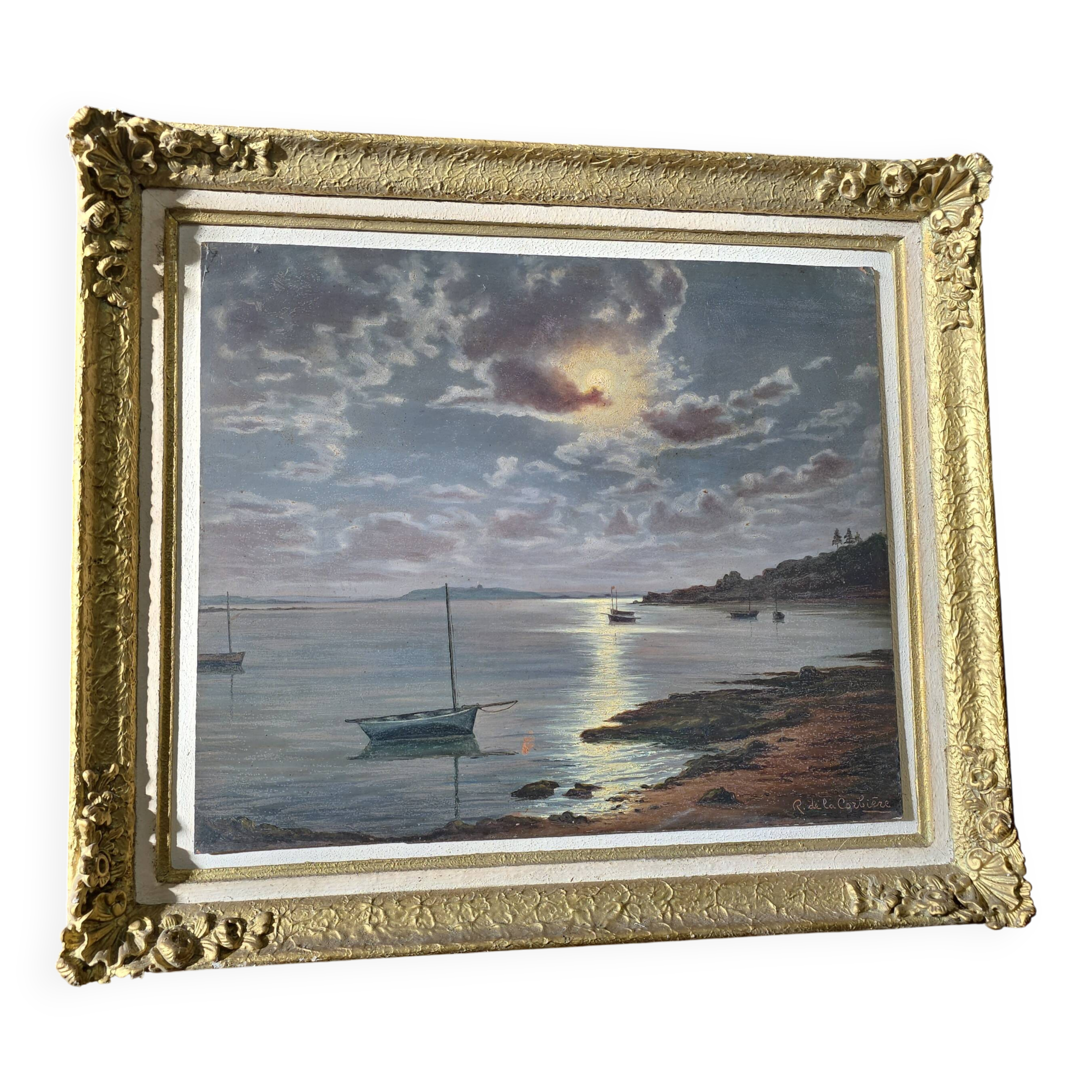 Old painting signed Roger de la Corbières – Seascape in the moonlight