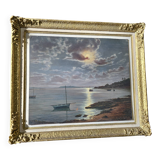 Old painting signed Roger de la Corbières – Seascape in the moonlight