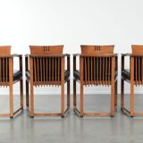 Black leather set of 4 Art Deco design dining chairs with armrests