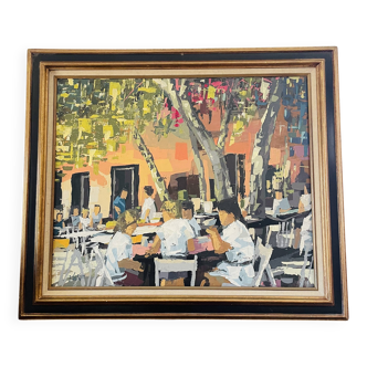Painting signed Patrick Turion – Animated village scene – Framed