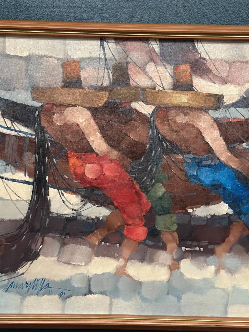 Swedish Oil on Panel"Fishermen" by Marylilla , Vintage and Framed