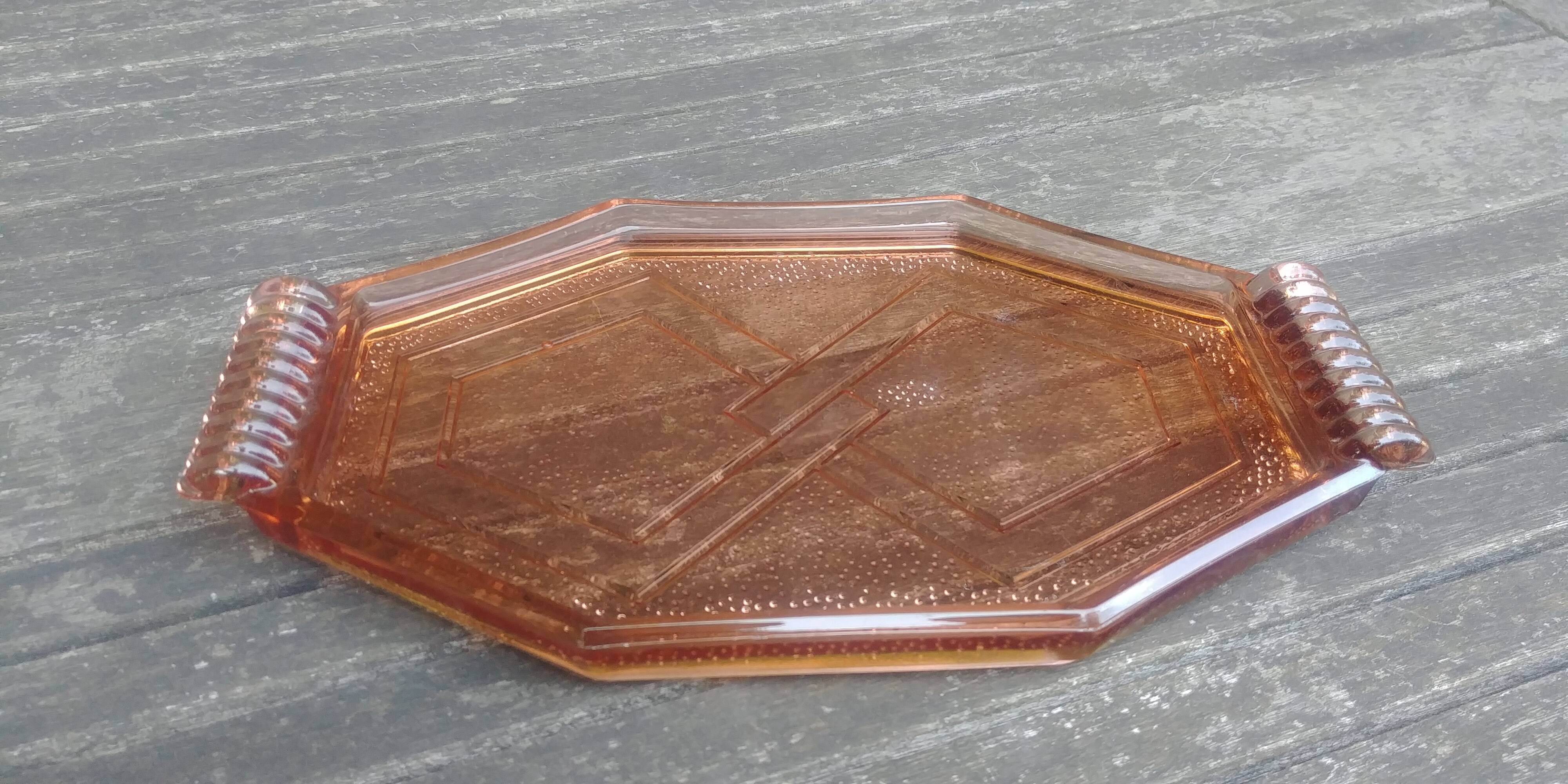 Old pink glass serving tray geometric shape 1950s