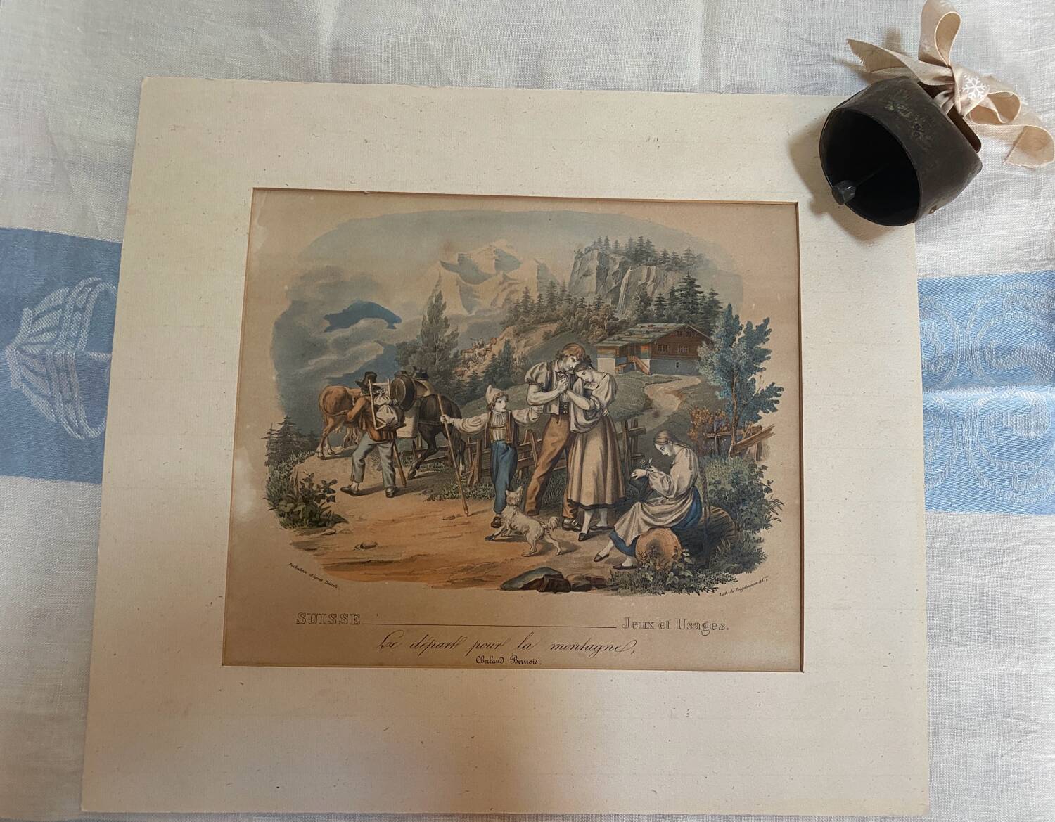 Grande gravure ancienne suisse « le départ pour la montagne »