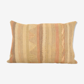 Natural Lumbar Pillow, Organic Oblong Kilim pillow cover, Striped Turkish Ethnic Tribal Sand Wool
