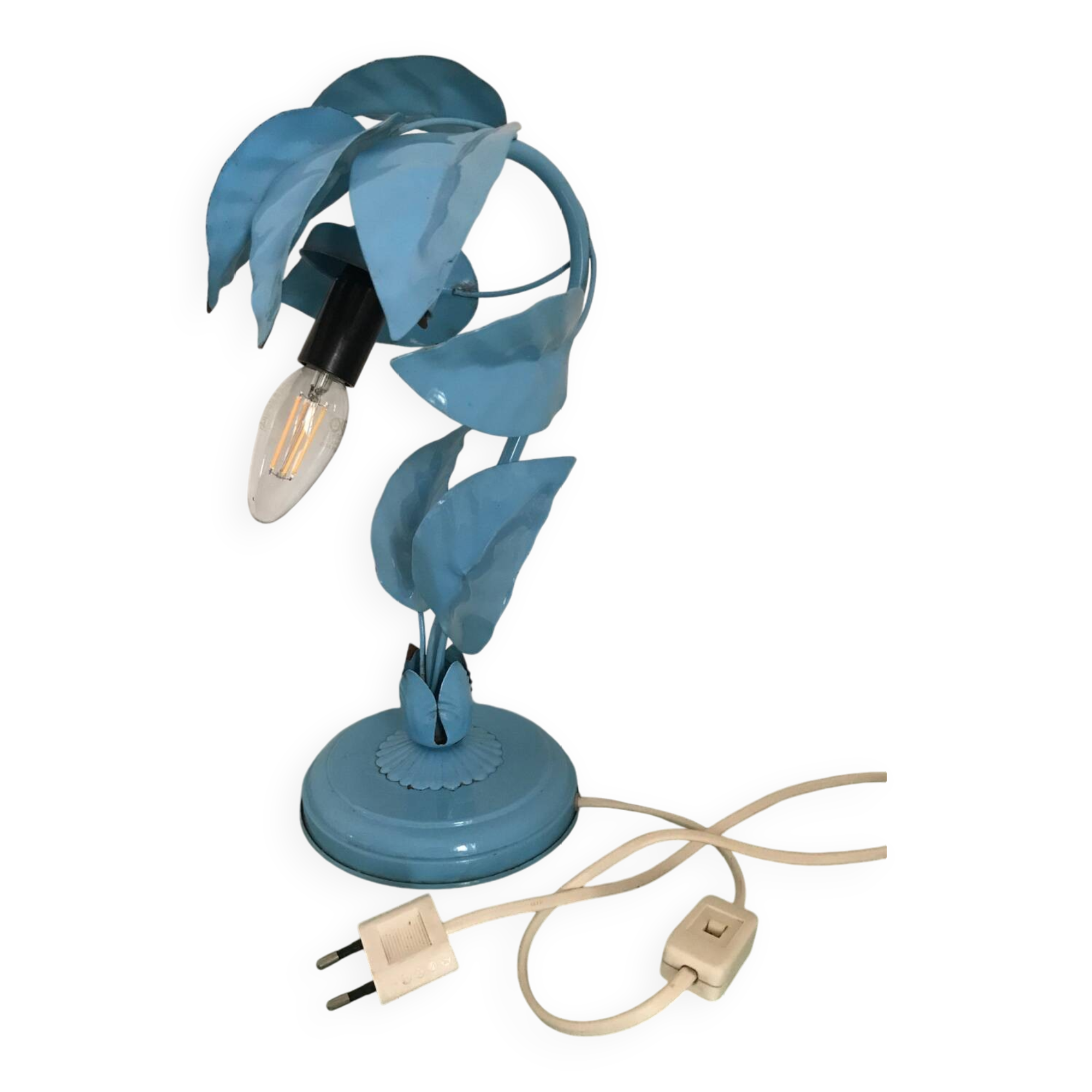Antique plant-shaped lamp in blue enamelled metal