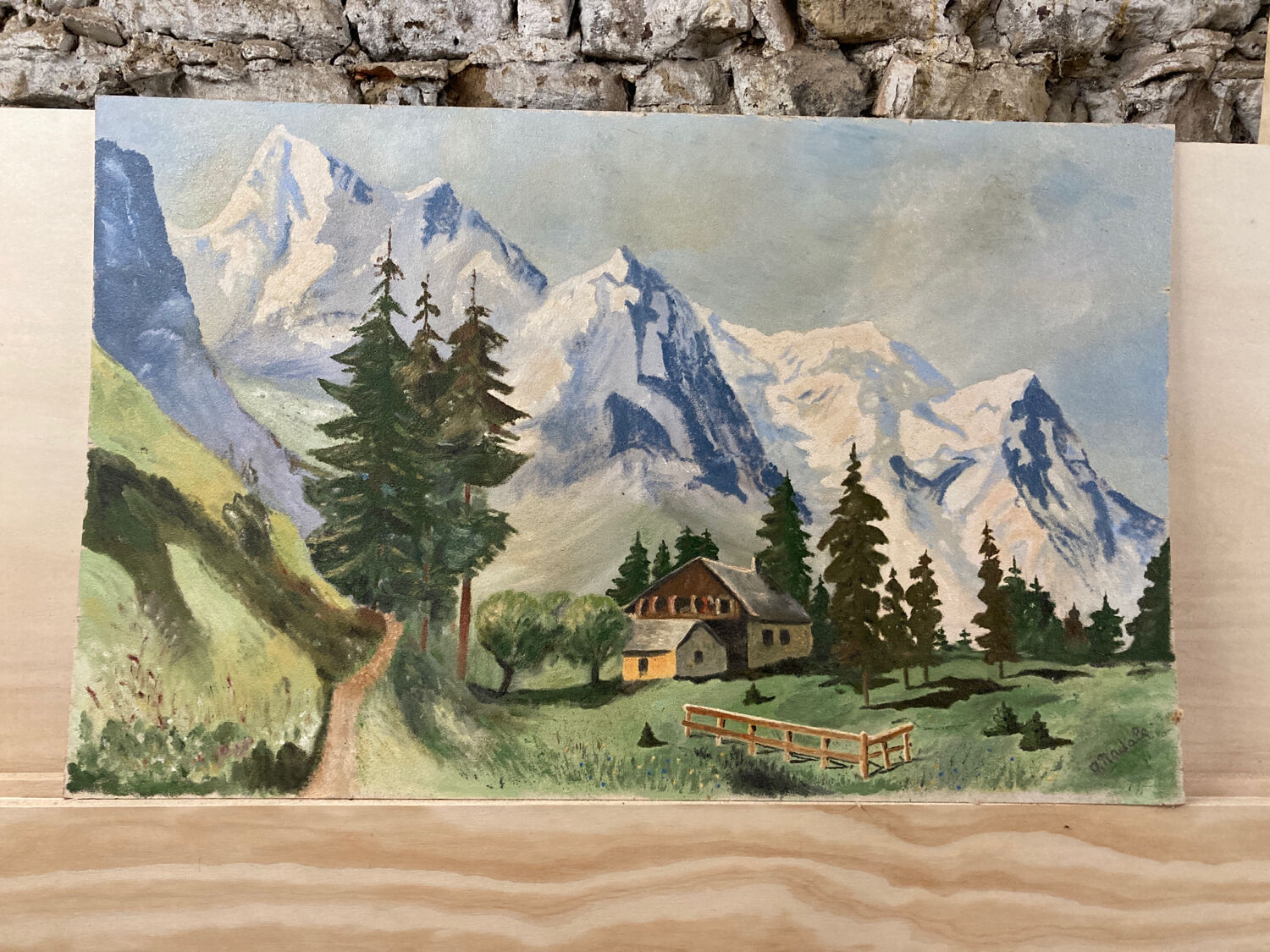 Large chalet mountain landscape oil on panel / old painting