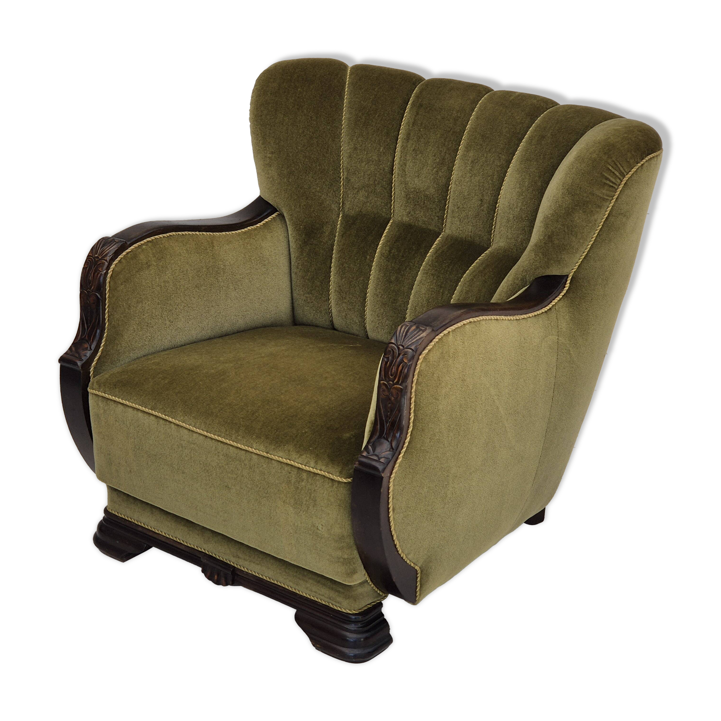 Fauteuil danois en tissu vert et chêne, 1960
