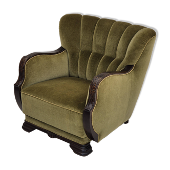 Fauteuil danois en tissu vert et chêne, 1960