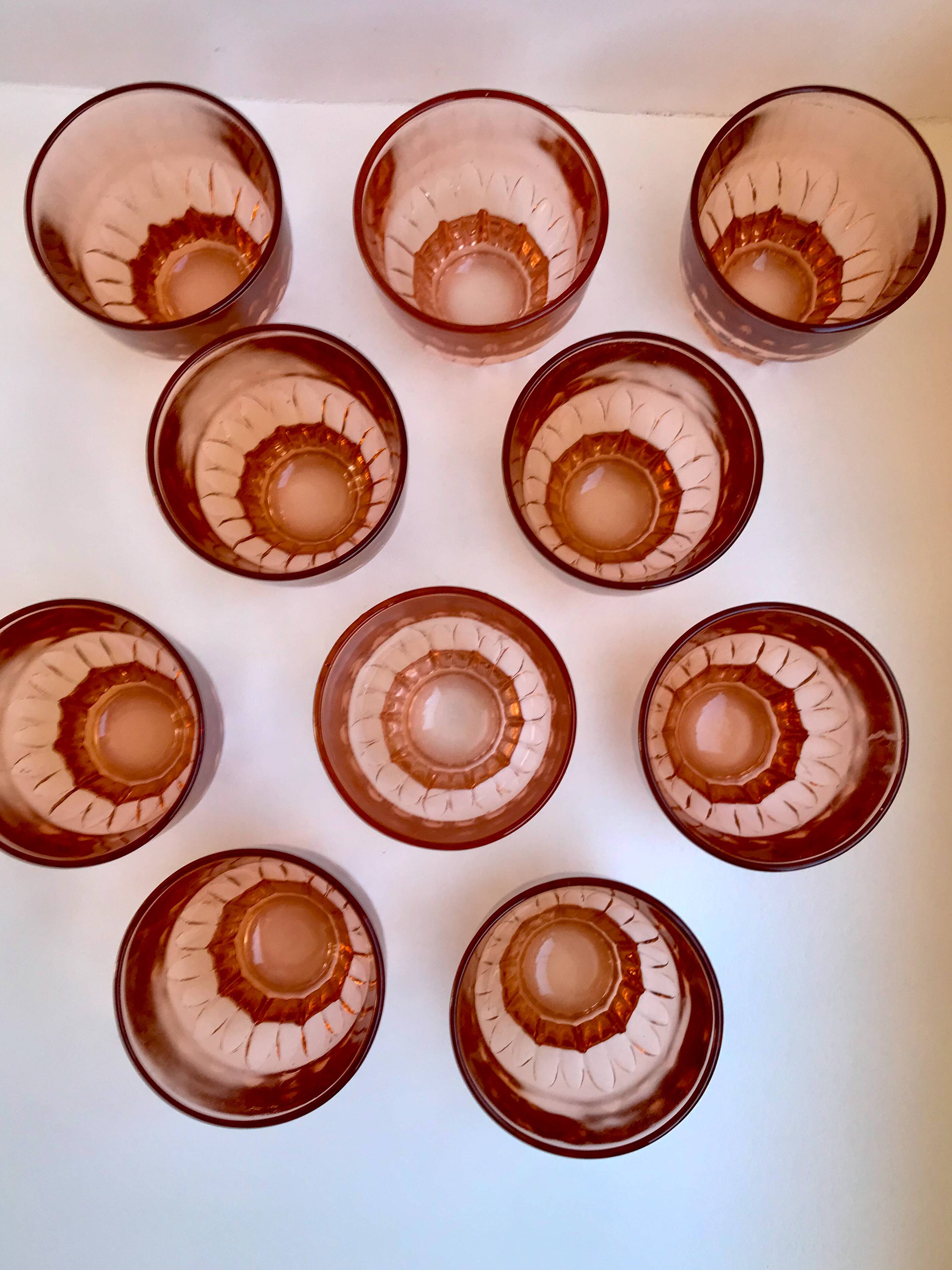 Set of 10 60s pink glass water glasses