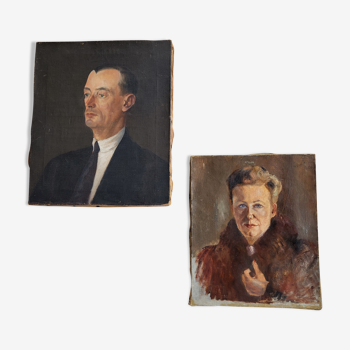 Huiles sur toile portraits couple tableaux anciens