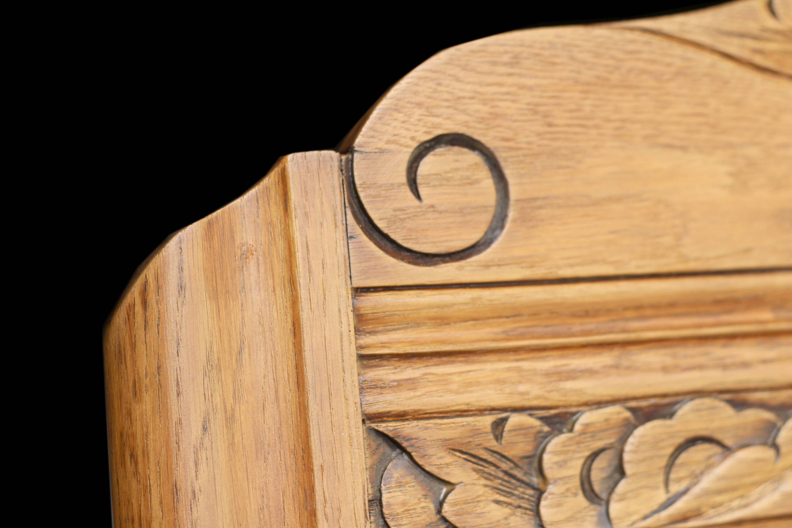 Art Deco fireplace mirror in light oak. Mercury glass.