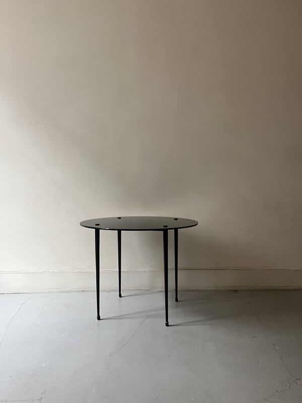 table basse vintage ronde en verre noir, 1950