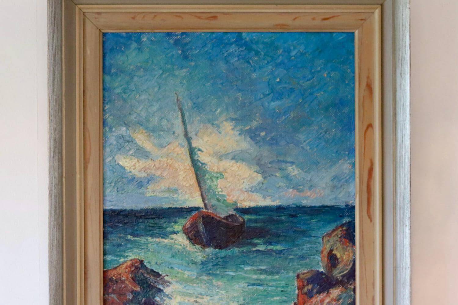 Original oil on panel from the mid-20th century – ship at sea