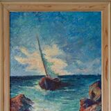 Original oil on panel from the mid-20th century – ship at sea