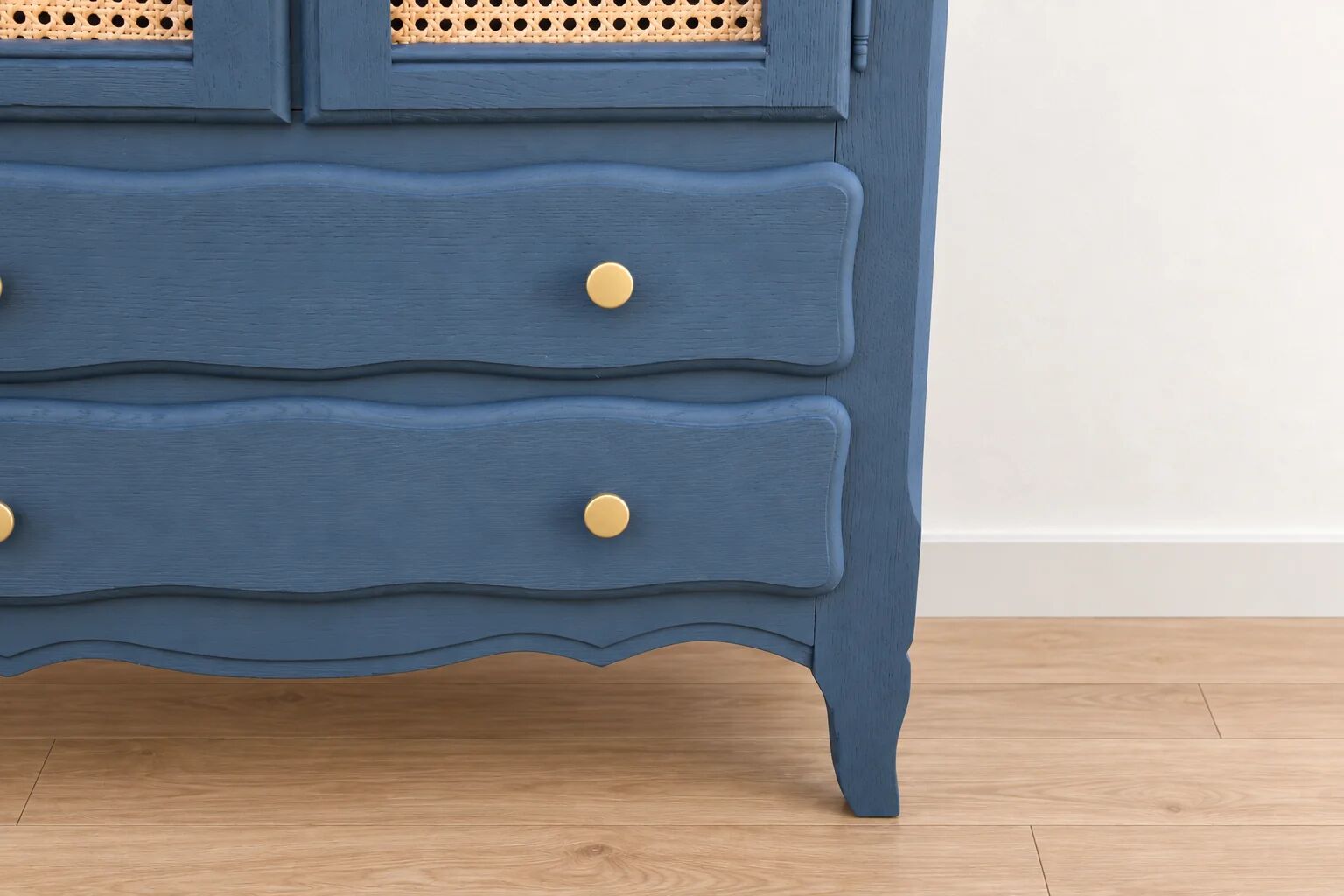 Small renovated vintage buffet in blue from Vosges, Libéron and caning – 2 doors, 2 drawers