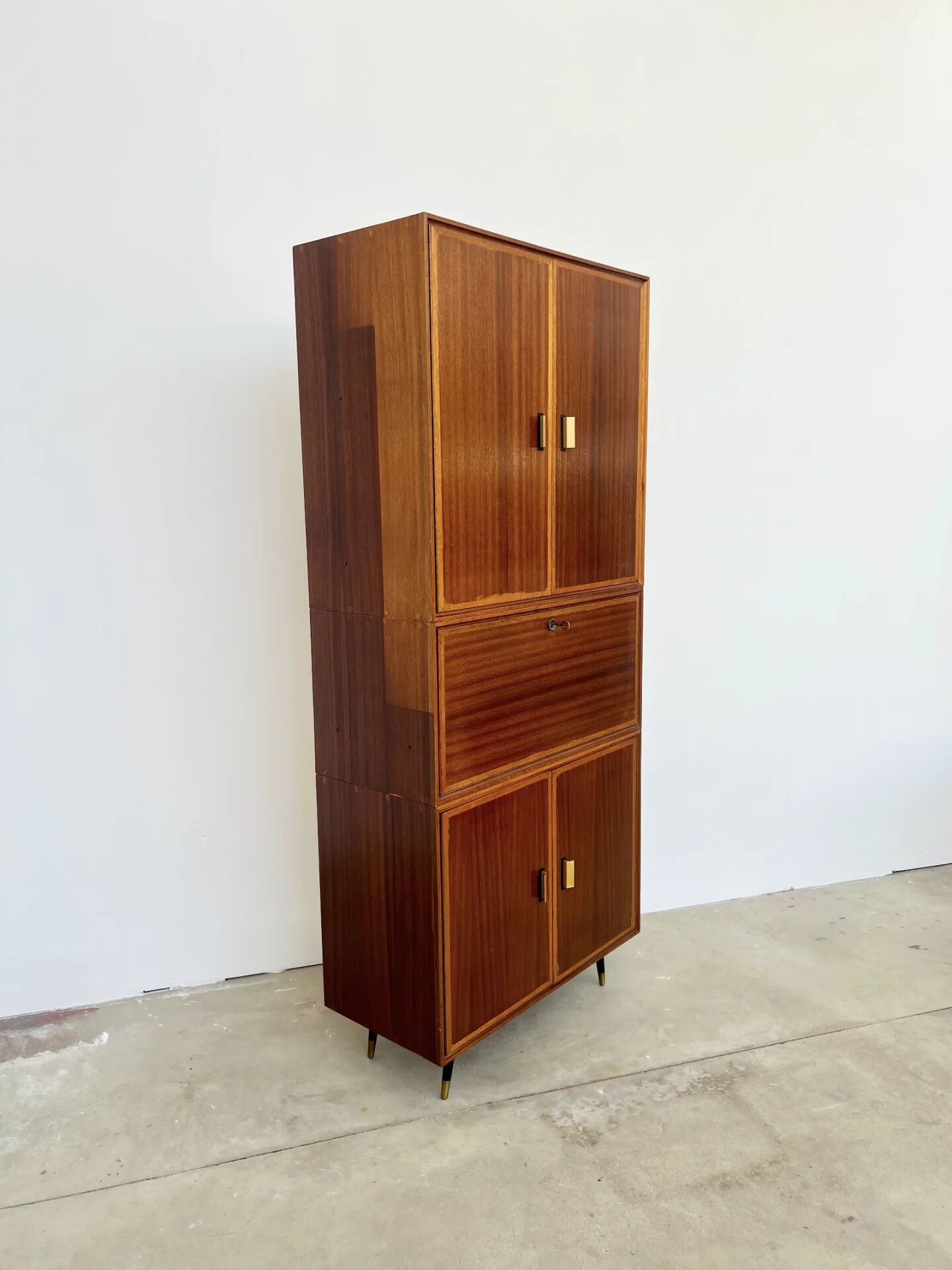 High mahogany cabinet with drop-down front — bar or secretary, custom-made, 1960s