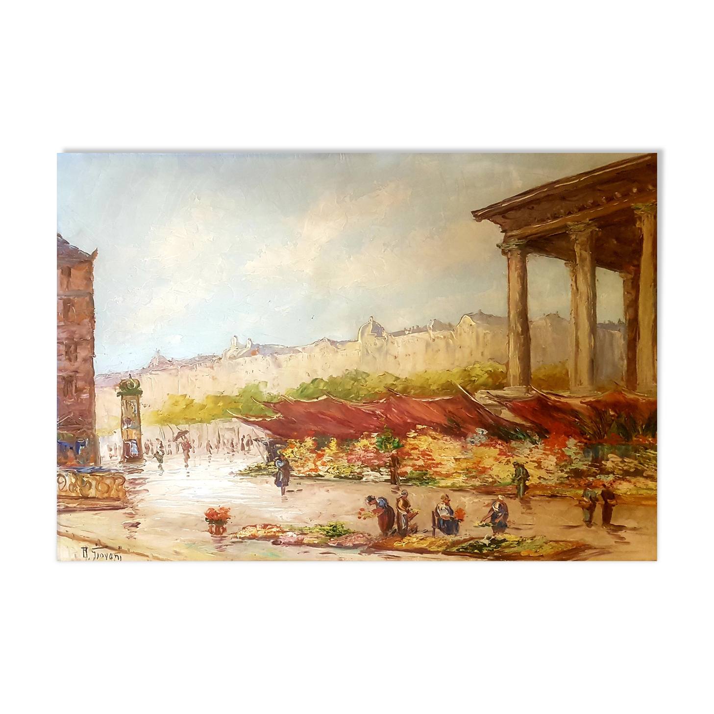 Painting from the 1940s The Flower Market signed Robert Giovani