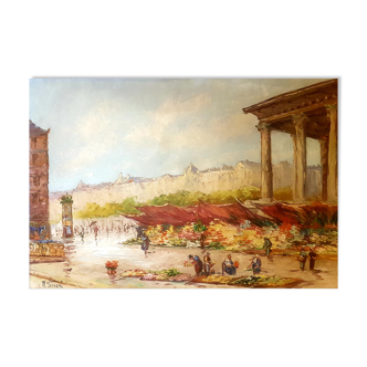 Painting from the 1940s The Flower Market signed Robert Giovani