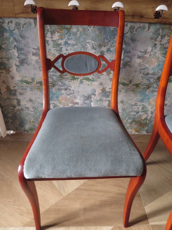 Rare- Lot de 4 chaises style Louis Philippe/restauration avec médaillon - Coloris bleu / merisier