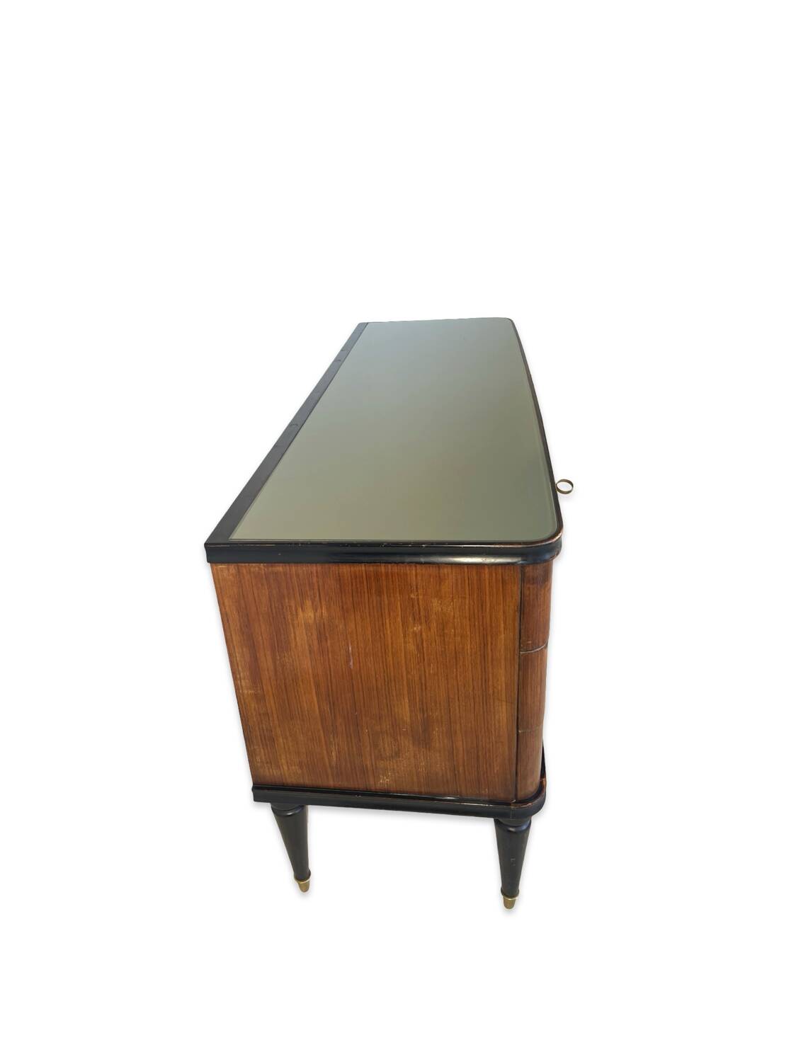 Commode en acajou plaqué avec plateau en verre vert, années 1950