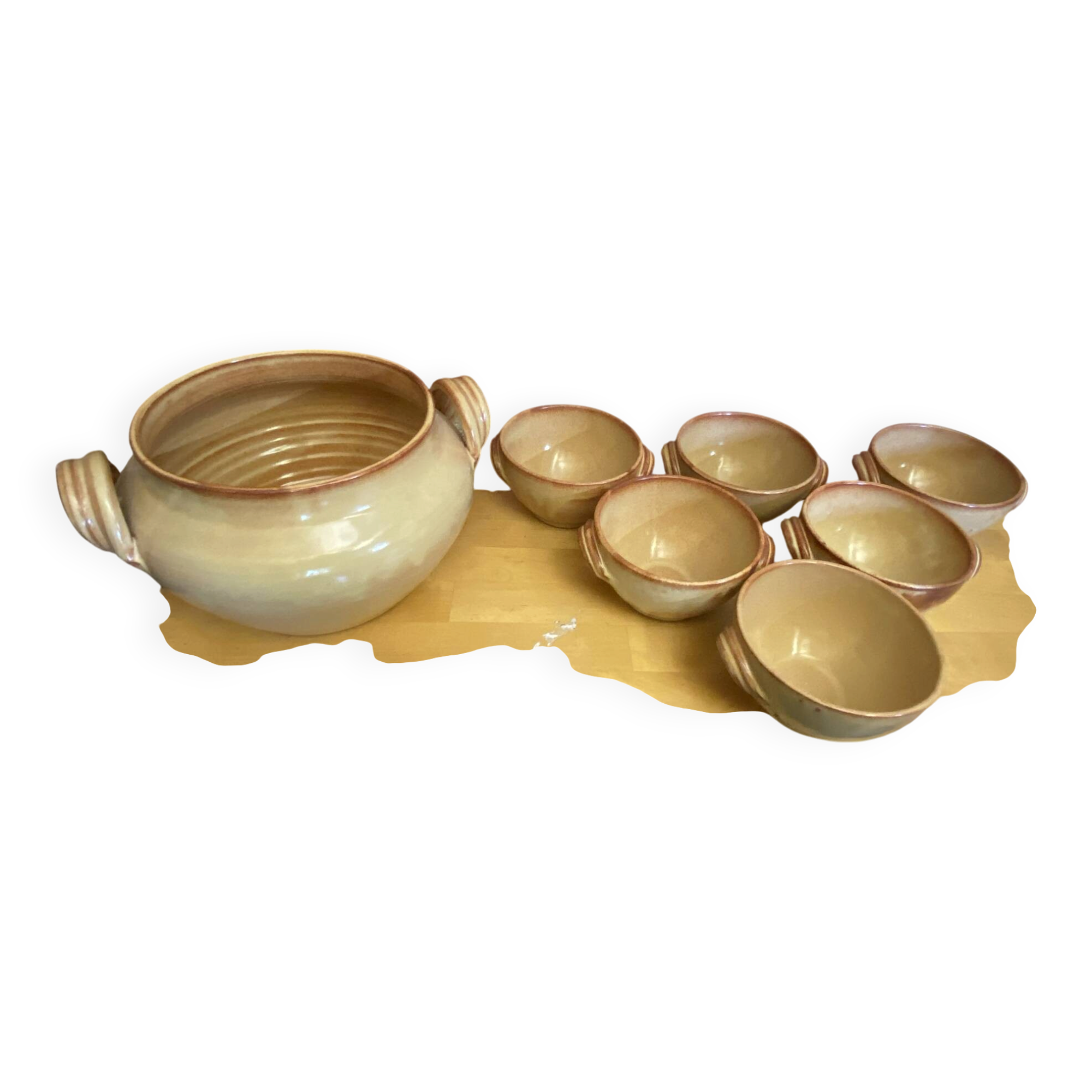 Soupière et 6 bols anciens Vallauris en céramique beige, années 50