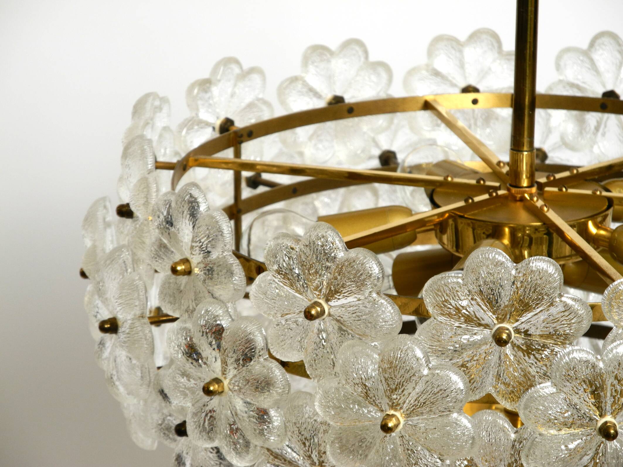 Very rare large heavy 1970s brass crystal glass flower ceiling lamp by Erns