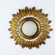 Spanish sunburst ceiling light – opaline glass & gilt iron foliage, 1960s