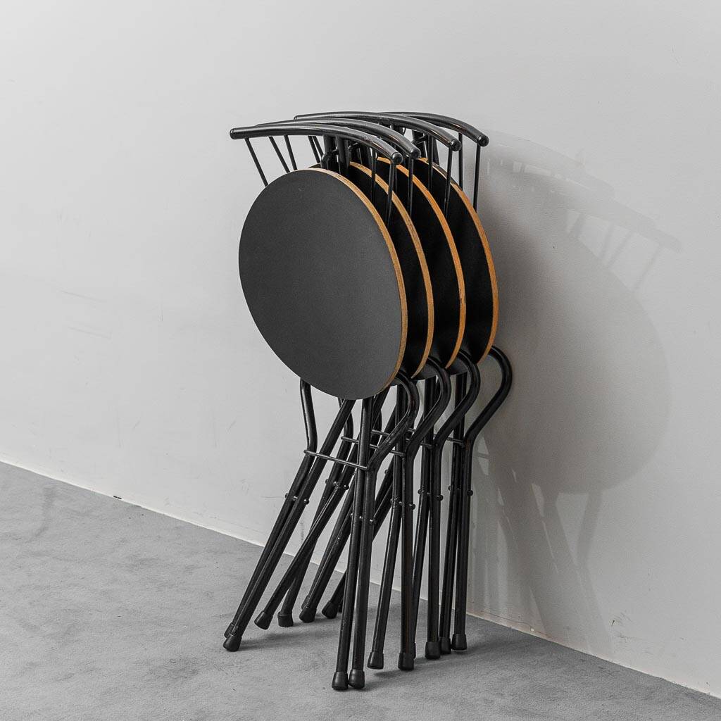 Set of 4 folding chairs in metal and wood, 1970s vintage