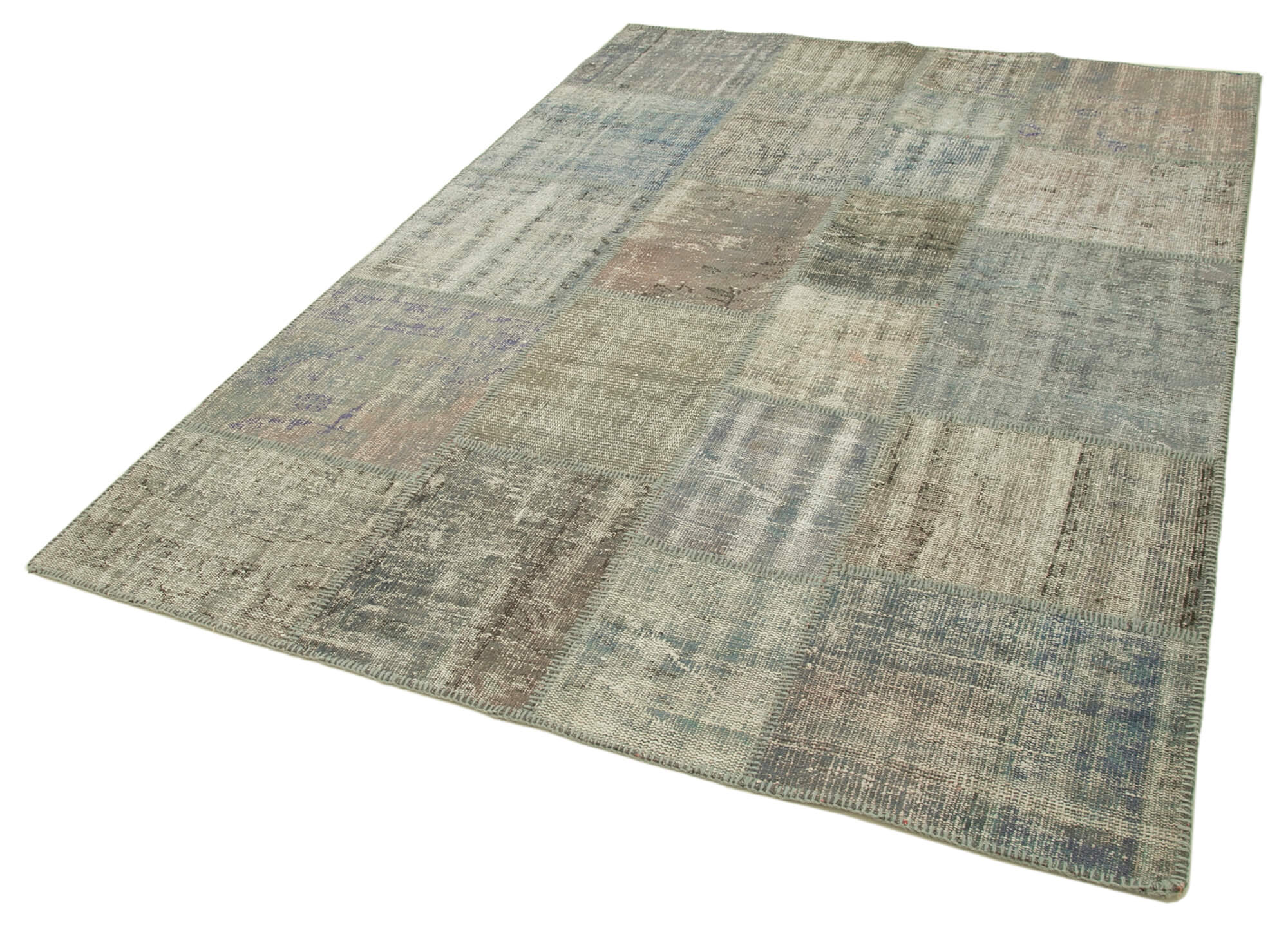Hand-Knotted Turkish Vintage 177 cm x 243 cm Grey Patchwork Carpet