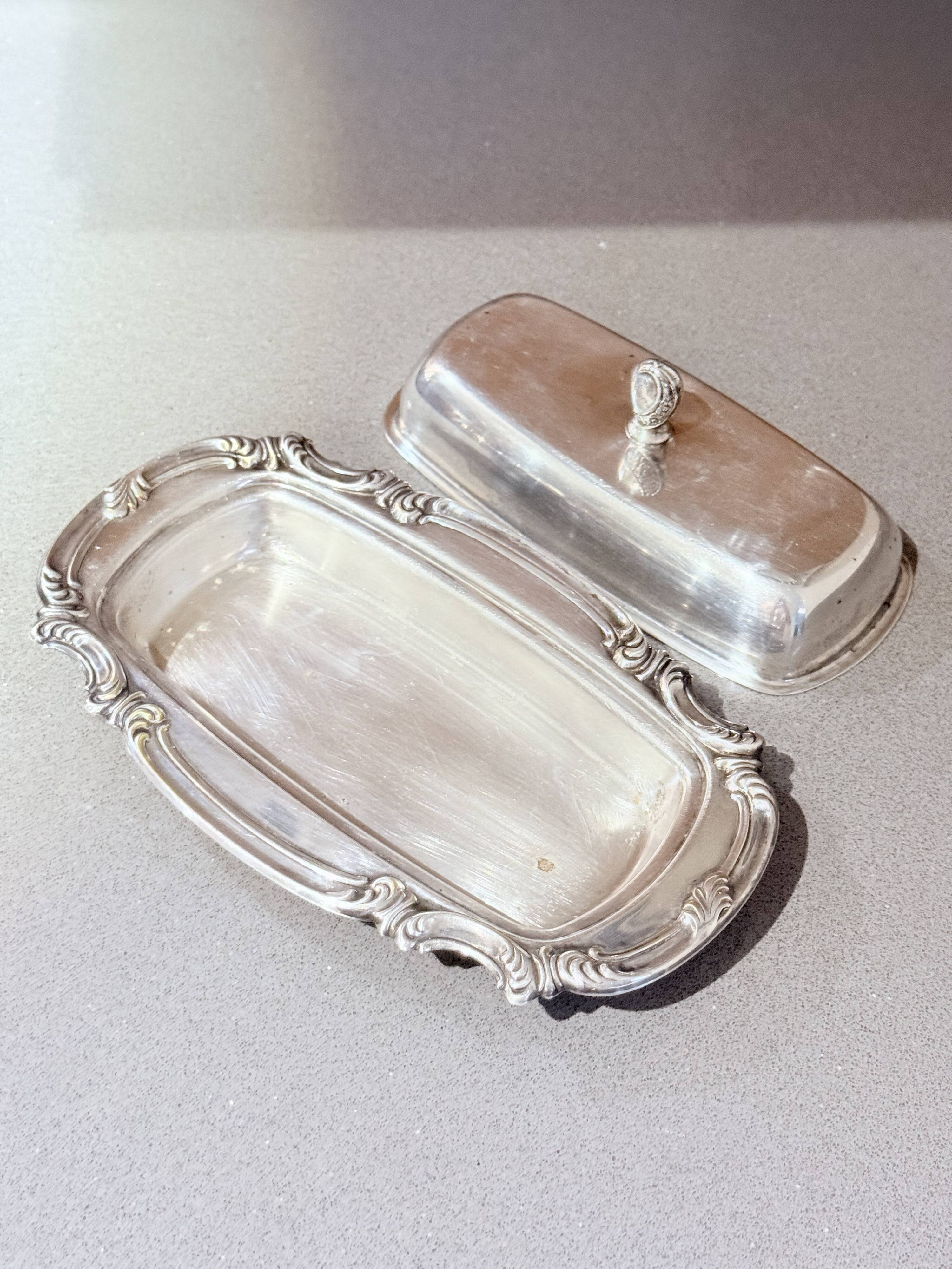 Antique Silver Butter Dish With Crystal Liner & Spoon, Elegant Vintage Tableware