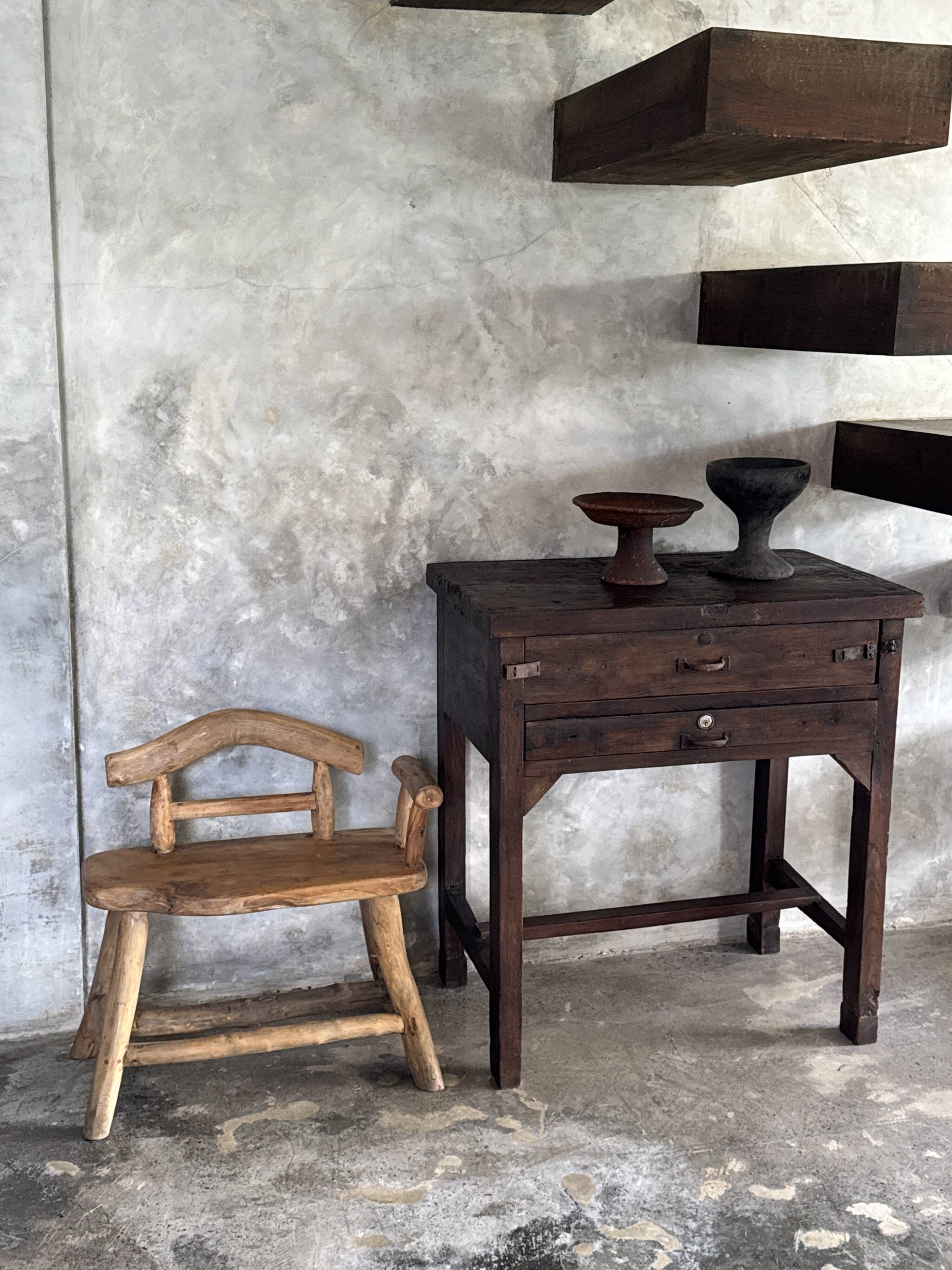 Antique Indonesian teak workbench with two drawers and stretcher H89.