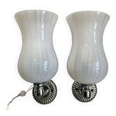 Pair of vintage wall lights in opaline and chrome metal.