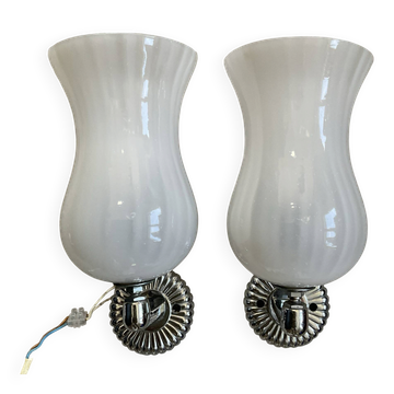 Pair of vintage wall lights in opaline and chrome metal.