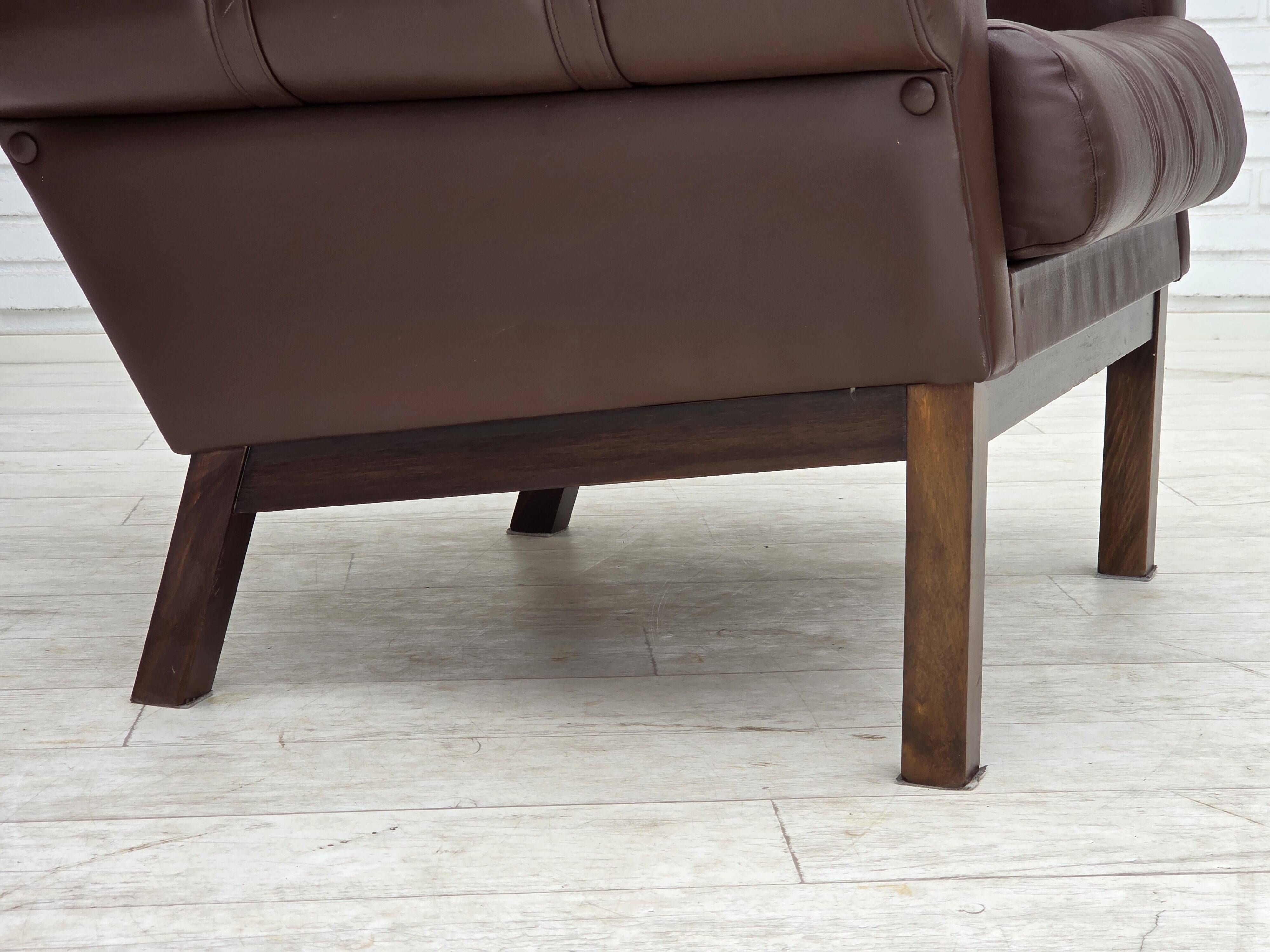 1970s, Danish armchair, original brown furniture leather.