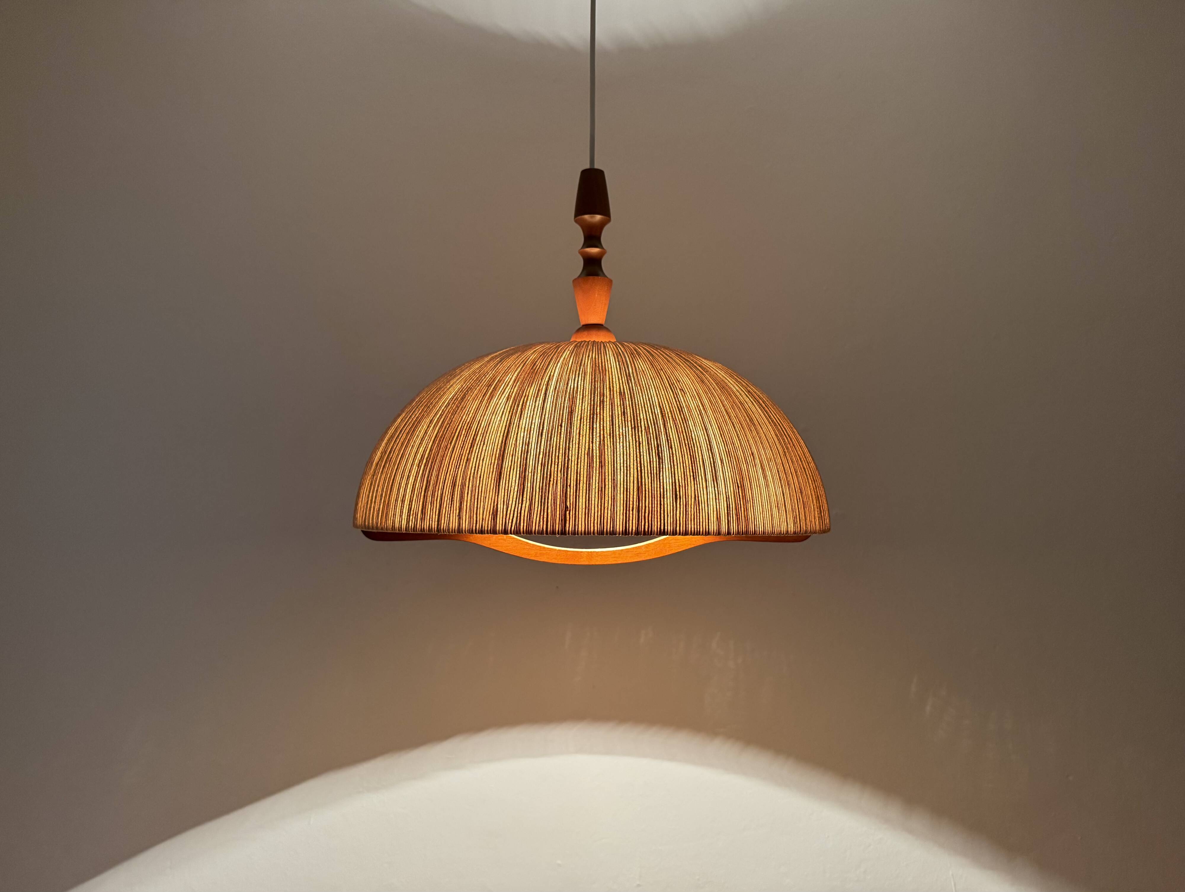 Teakwood and Raffia Bast Pendant Lamp by Temde