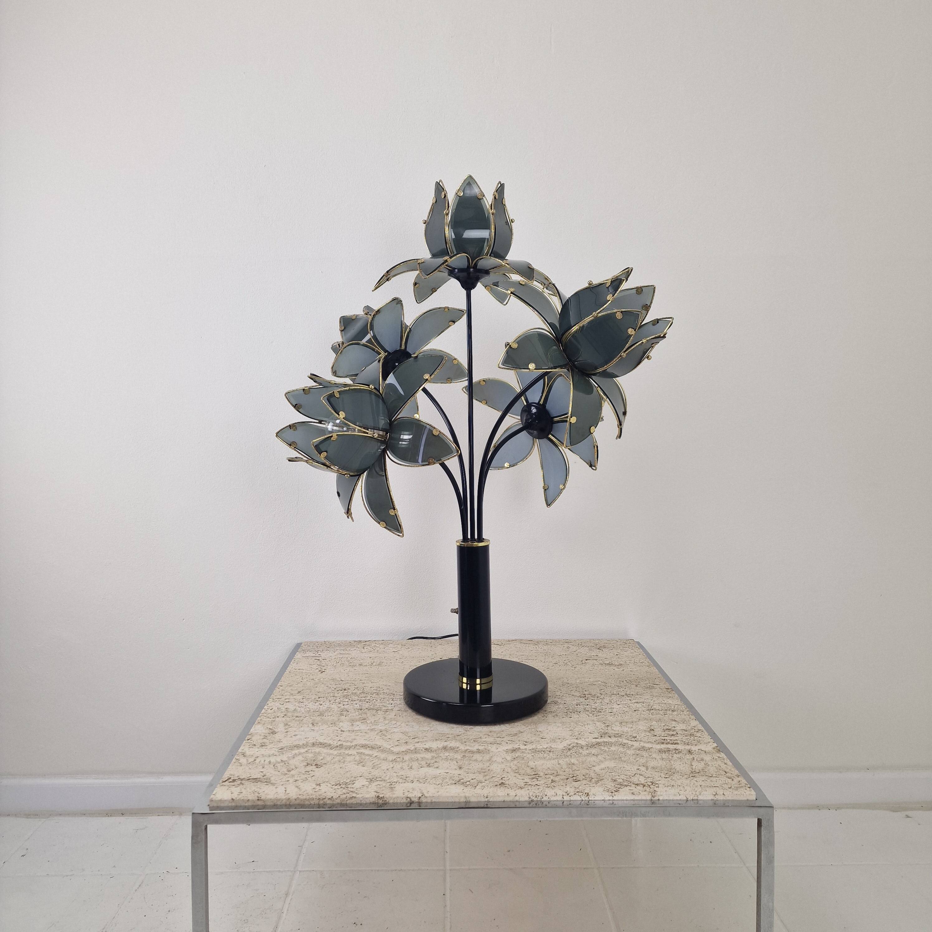 Hollywood Regency 5-Light Lotus Flower Table Lamp in Smoked Glass, 1980's