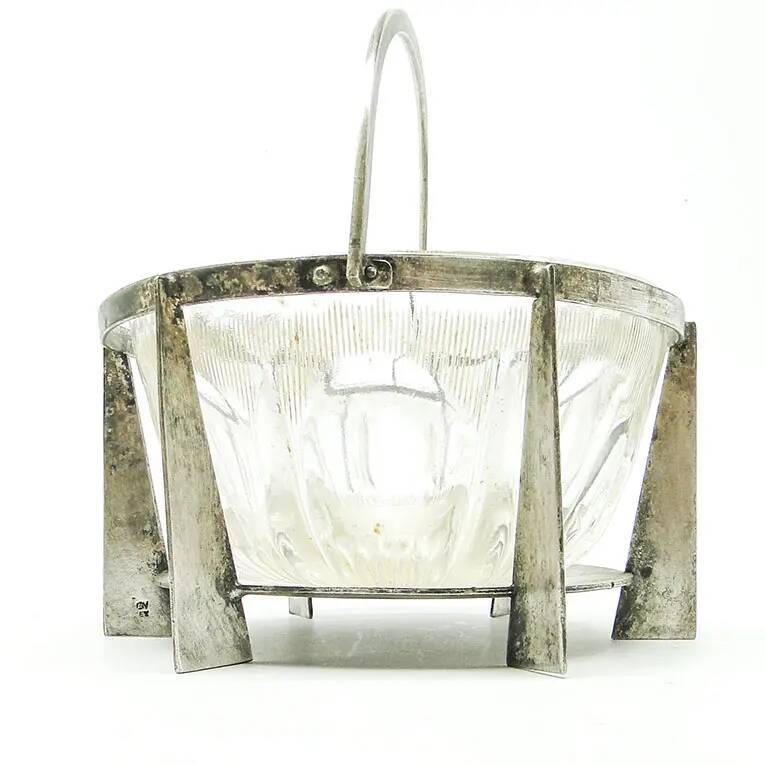 Postmodernist sugar bowl, glass, silver-plated brass, Poland, 1970s
