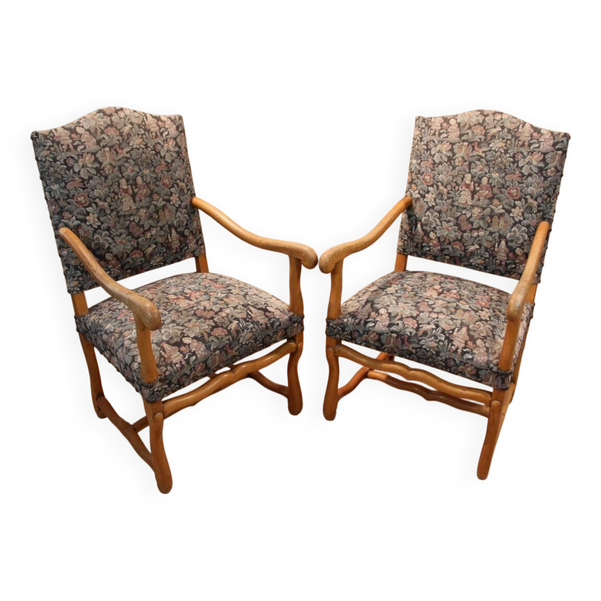 Pair of Louis XIII Style Armchairs in Sheep Bone, Needlepoint Tapestry