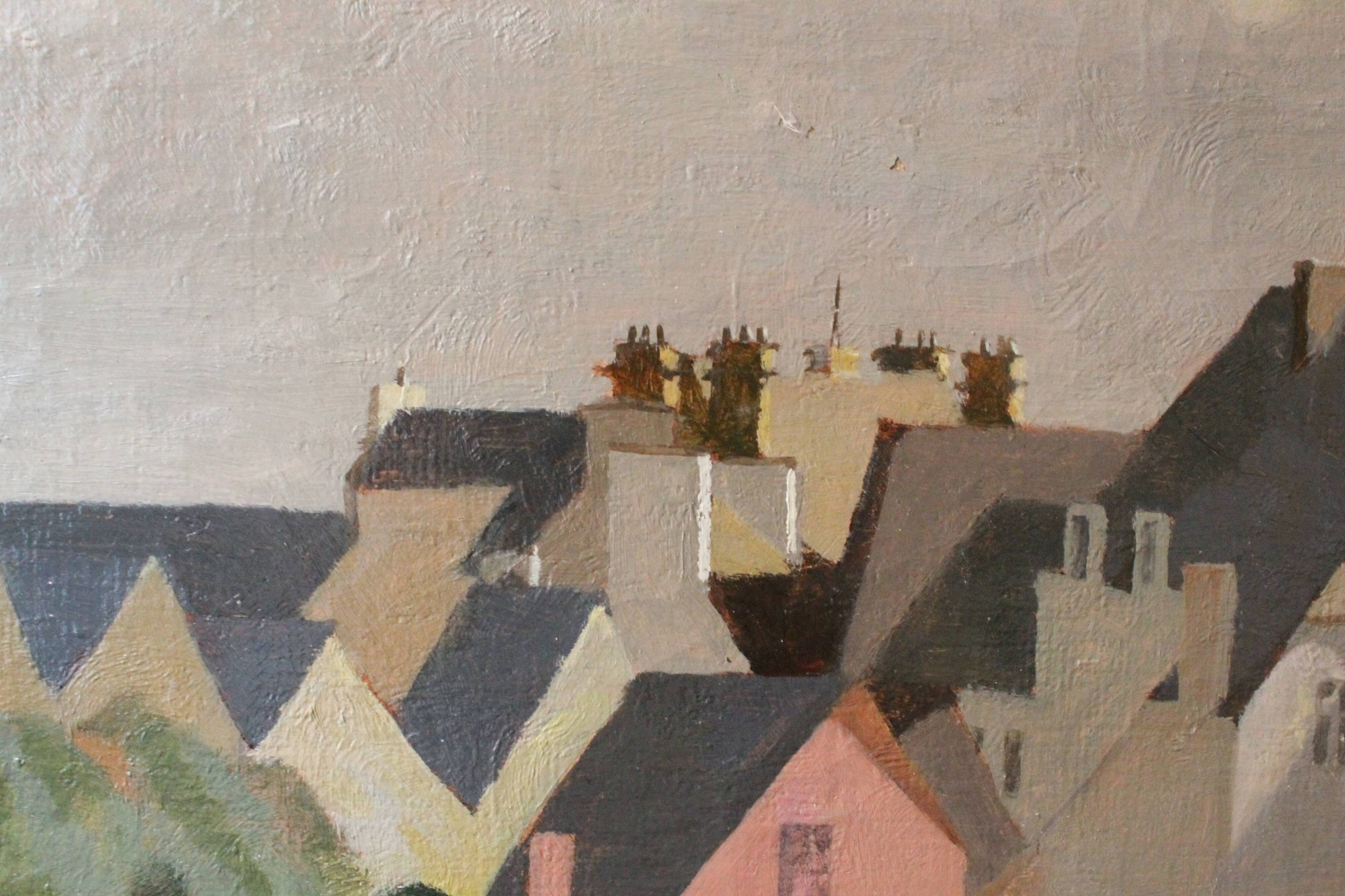 Painting "The roofs of Lesconil in Brittany" French school 20th century