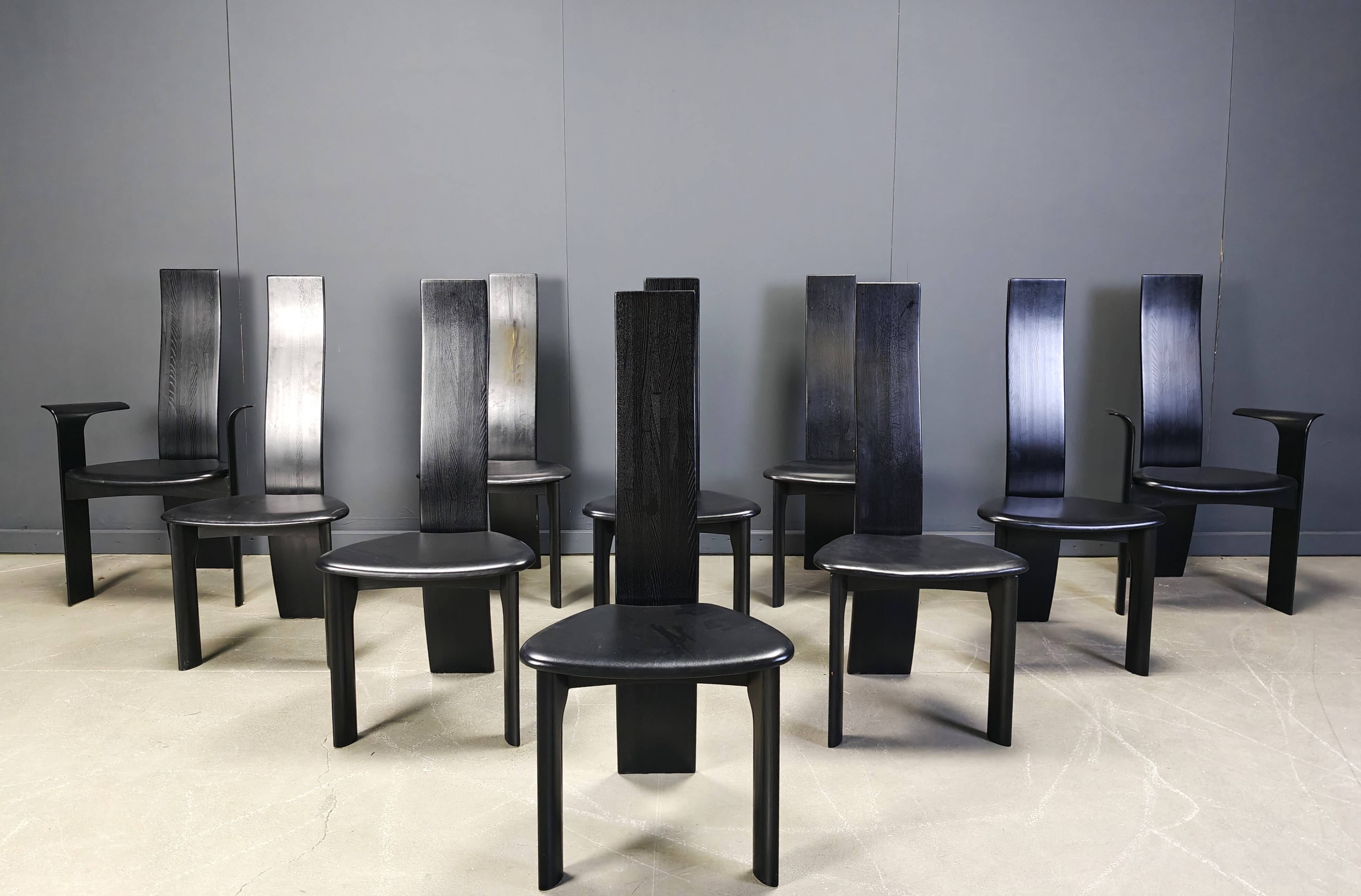 Set of 10 belgian high back dining chairs, 1980s